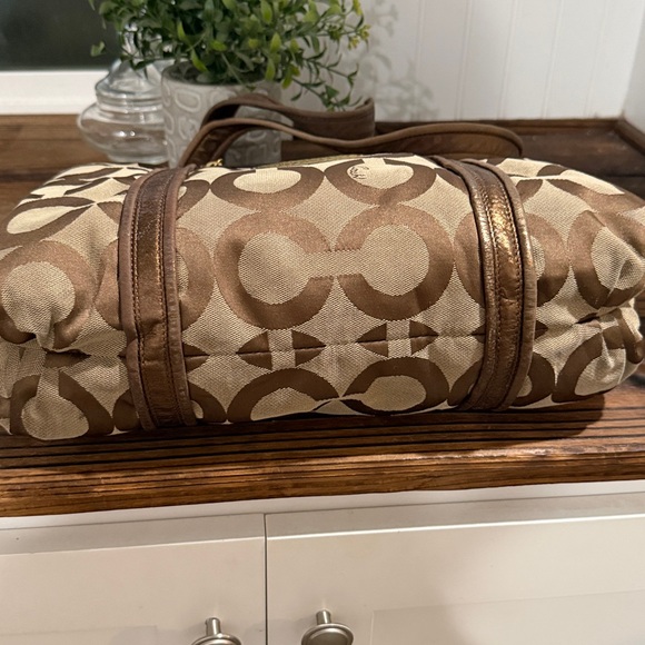 Vintage Y2K Coach Poppy Op Art Glam tote bag khaki gold canvas leather trim - Picture 4 of 9